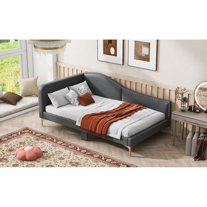 Twin Size Upholstered Daybed with Headboard and Armrest, Support Legs, Grey