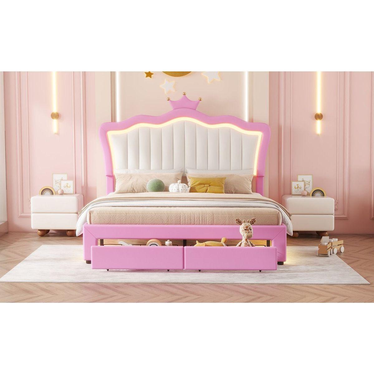 Full Size Upholstered Bed Frame with LED Lights, Modern Upholstered Princess Bed with Crown Headboard, 2 Drawers, Pink+White