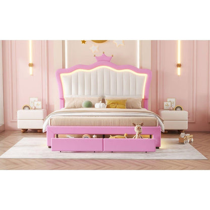 Full Size Upholstered Bed Frame with LED Lights, Modern Upholstered Princess Bed with Crown Headboard, 2 Drawers, Pink+White