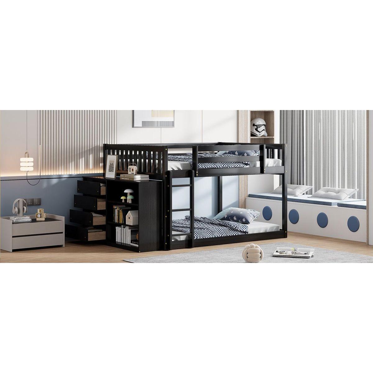 Full over Full Bunk Bed with 4 Drawers and 3 Shelves-Espresso