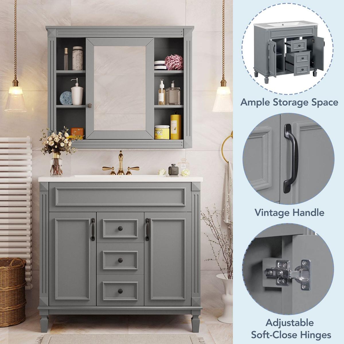 36" Bathroom Vanity with Top Sink, Grey Mirror Cabinet, Modern Bathroom Storage Cabinet with 2 Soft Closing Doors and 2 Drawers, Single Sink Bathroom Vanity