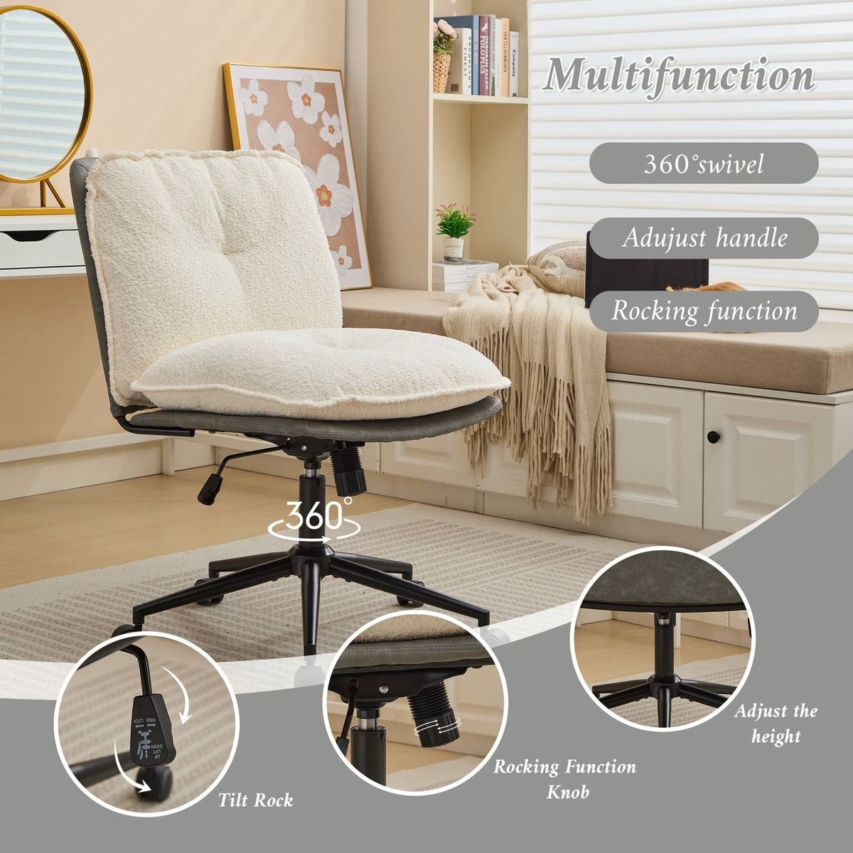 Oversize Seat Cirss Cross Chair with Wheels, Elegant Design Computer Chair, Adjustable Height 360 Rolling Swivel Home Office Chair for Small Space, Dressing Room, Living Room (GRAY+WHITE)