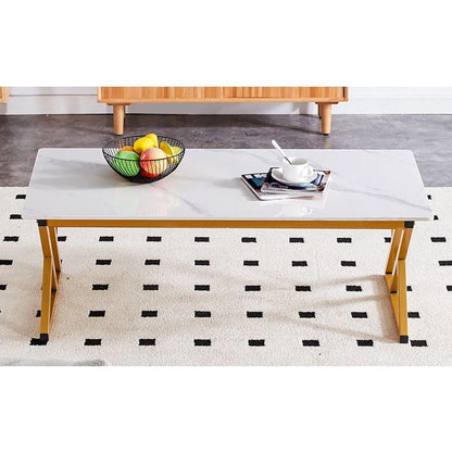 A modern minimalist style white marble patterned coffee table with golden metal legs. Computer desk. Game table. Tea table. CT-XX