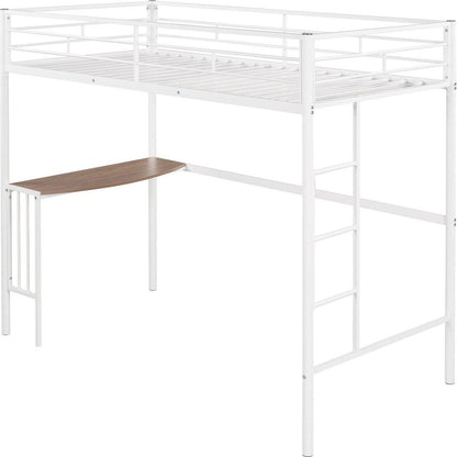 Twin Metal Bunk Bed with Desk, Ladder and Guardrails, Loft Bed for Bedroom, White
