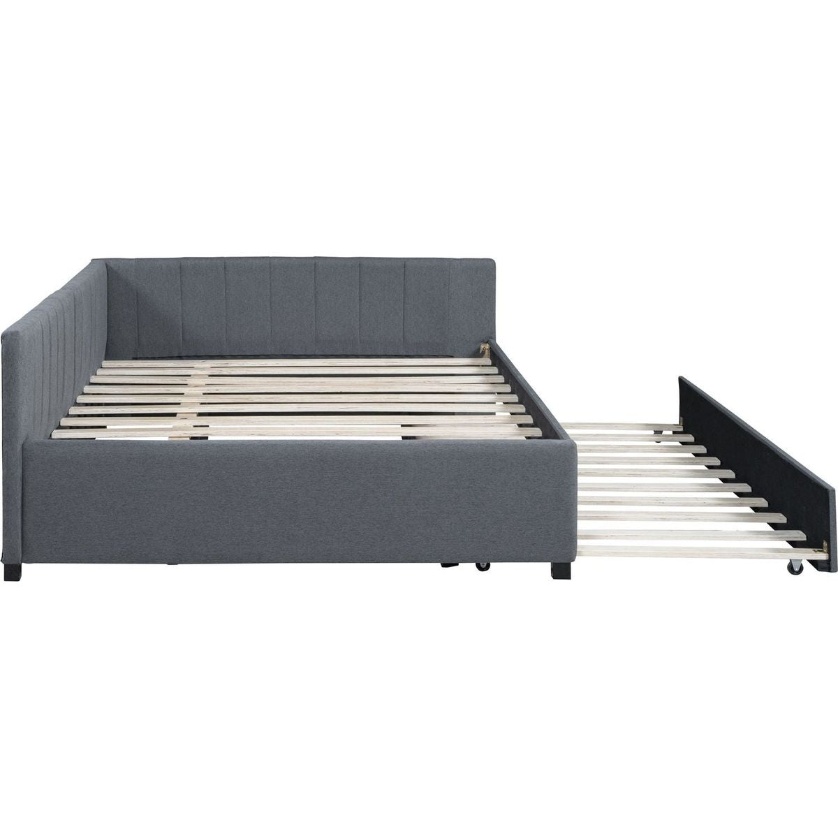 Full Size Upholstered Daybed with Trundle Sofa Bed Frame No Box Spring Needed, Linen Fabric(Gray)