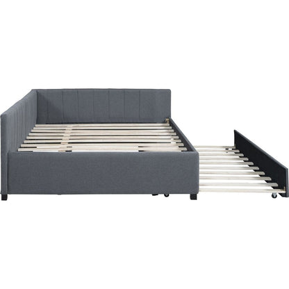 Full Size Upholstered Daybed with Trundle Sofa Bed Frame No Box Spring Needed, Linen Fabric(Gray)