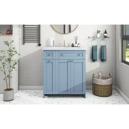 Modern 30-Inch Bathroom Vanity Cabinet with Easy-to-Clean Resin Integrated Sink in Blue