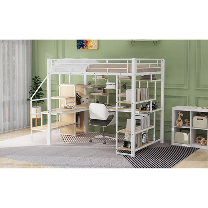 Full Size Metal Loft Bed with Storage Staircase and Small Wardrobe, Built-in Desk and Storage Shelves, White