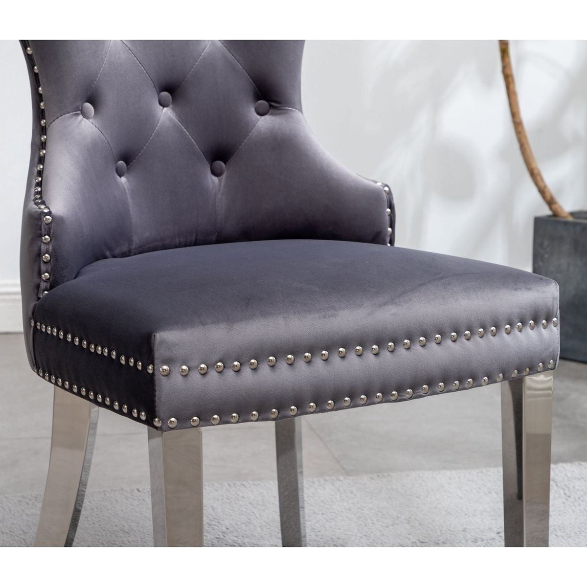 Montura Contemporary Tufted Velvet Chair with Nailhead Trim, Set of 2, Gray