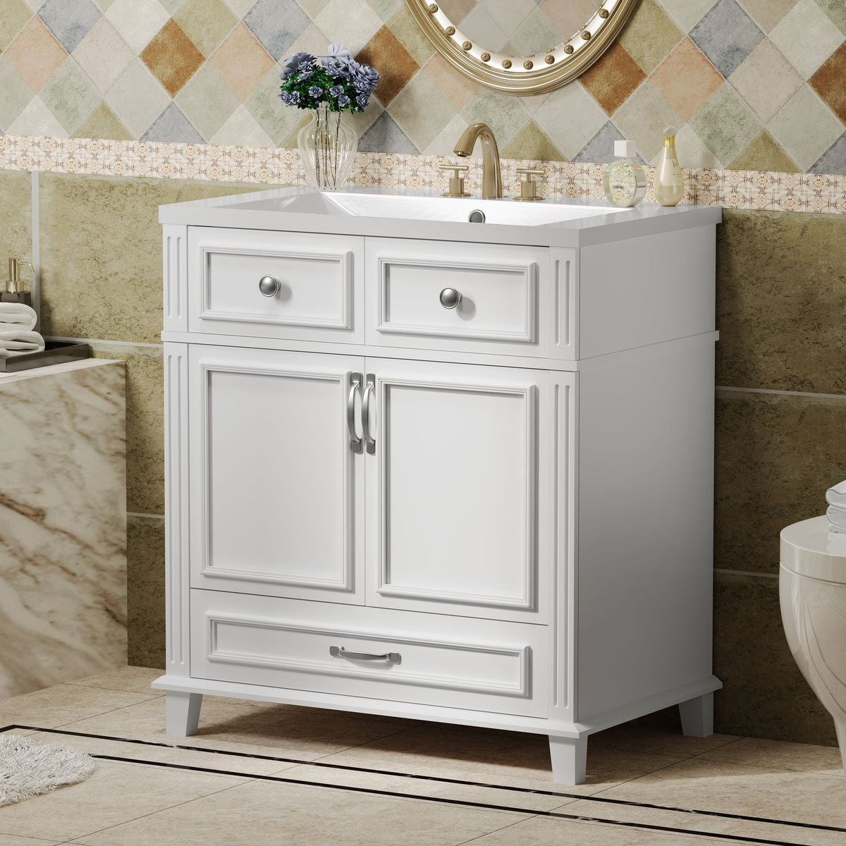 30" Bathroom Vanity with Resin Sink, Solid Wood Frame Bathroom Storage Cabinet with Soft Closing Doors, Retro Style, White