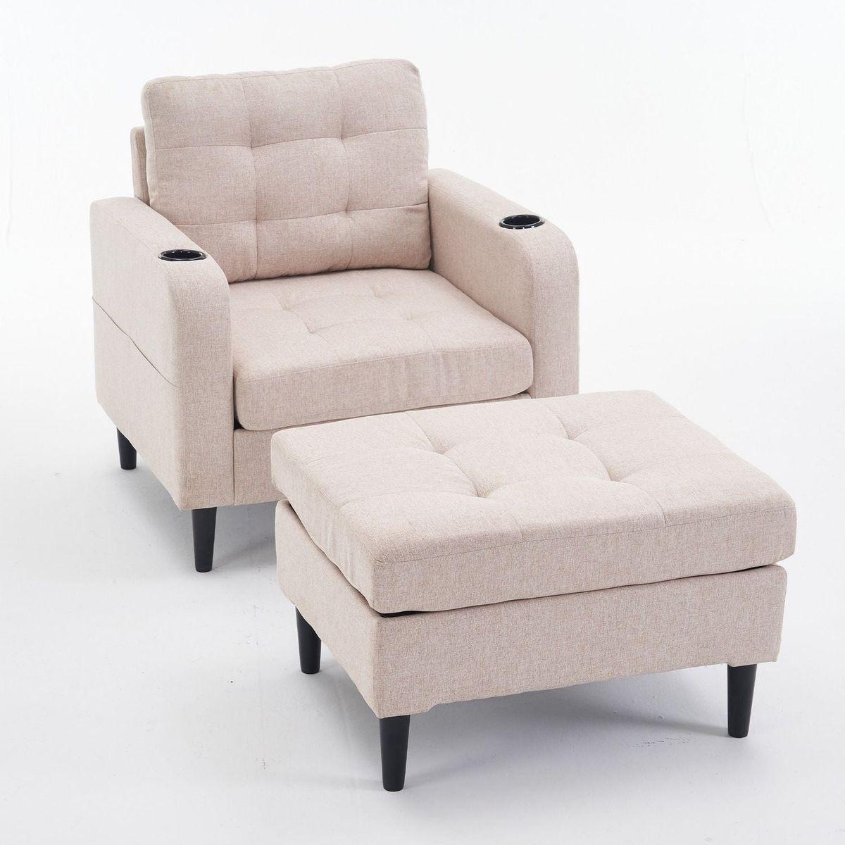 Beige Upholstered Armchair and Storage Ottoman Set - Comfortable Single Sofa with Cup Holders and Tufted Detailing, Ideal for Living Room or Bedroom