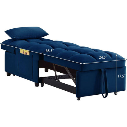 4 in1 Multi-Function Single Sofa Bed with Storage Pockets,Tufted Single Pull-out Sofa Bed with Adjustable Backrest and Pillows, Convertible Chaise Lounge, Navy