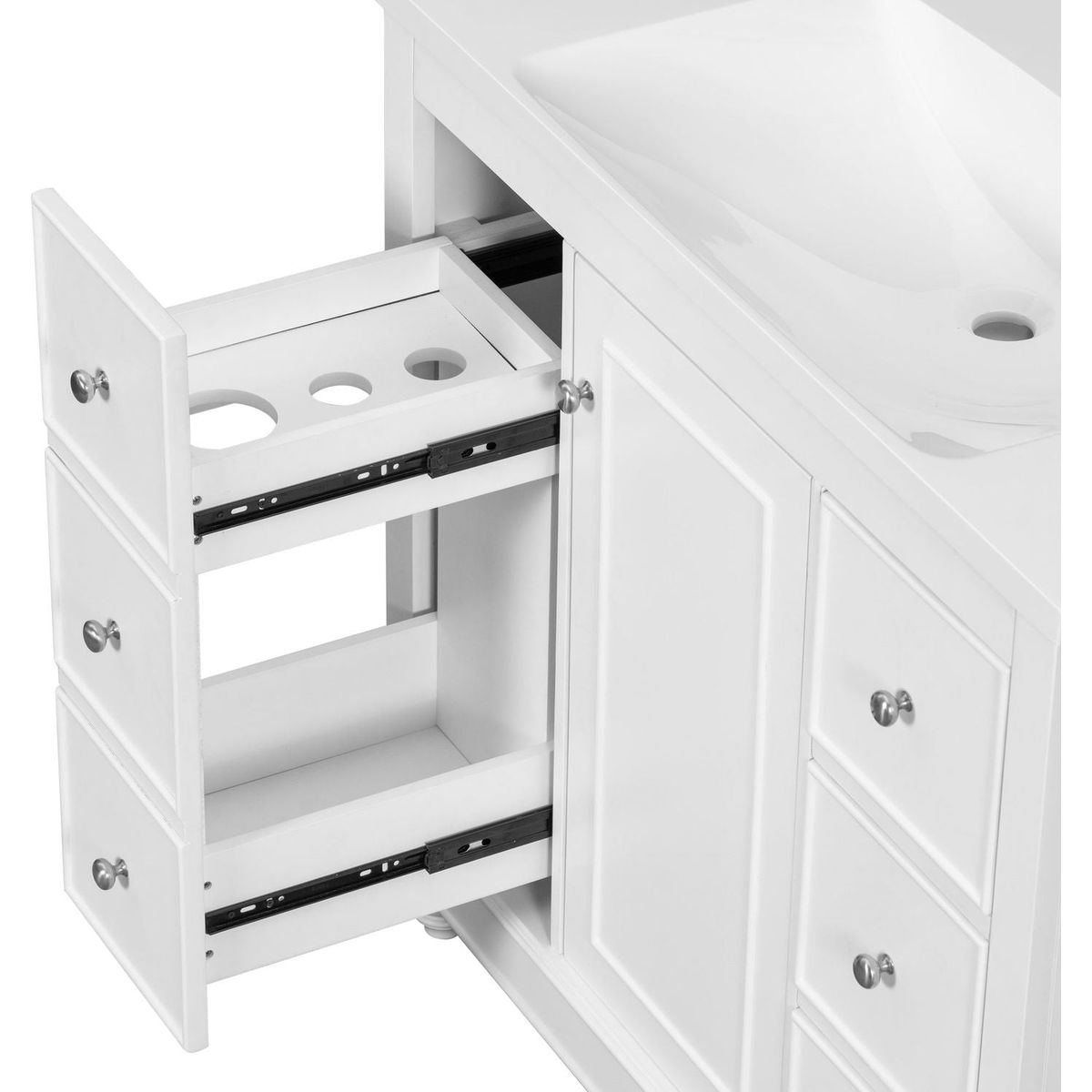 Contemporary White Bathroom Vanity Cabinet - 36x18x34 inches, 4 Drawers & 1 Cabinet Door, Multipurpose Storage, Resin Integrated Sink, Adjustable Shelves, Solid Wood Frame with MDF