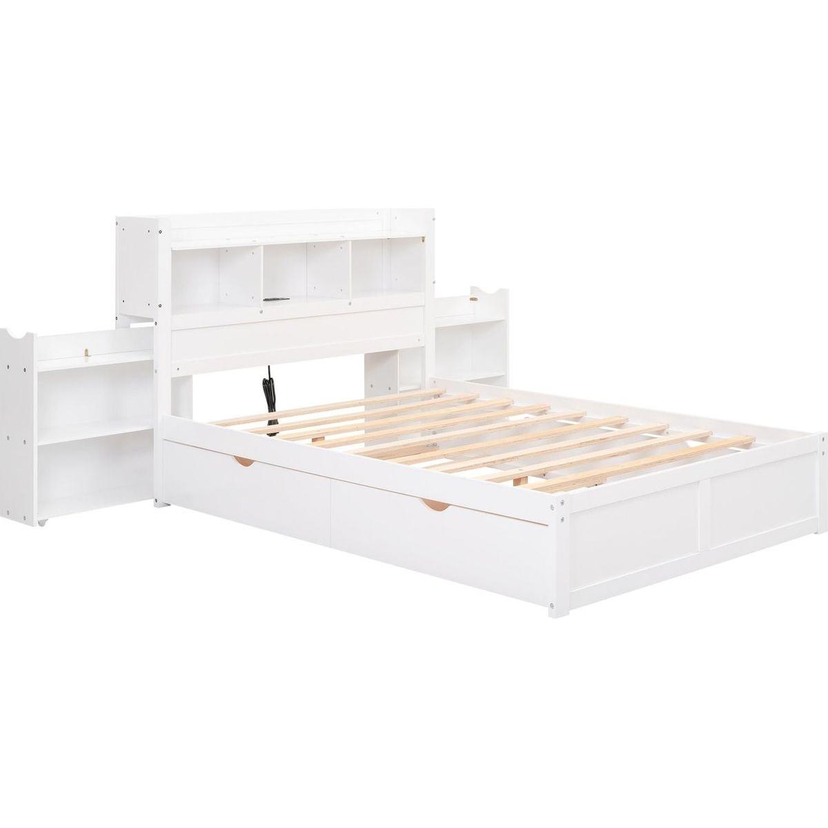 Full Size Storage Platform Bed with Pull Out Shelves, Twin Size Trundle and 2 Drawers, White
