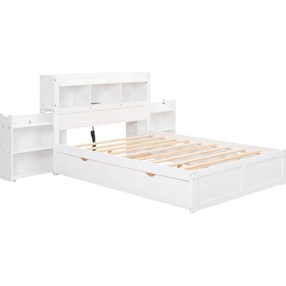 Full Size Storage Platform Bed with Pull Out Shelves, Twin Size Trundle and 2 Drawers, White