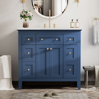 36" Bathroon Vanity with Resin Sink Combo Set, Modern Freestanding Single Bathroom Cabinet with 6 Drawers & 2 Cabinets, Storage Cabinet for Bathroom, Solid Wood Frame Vanity Set, Blue