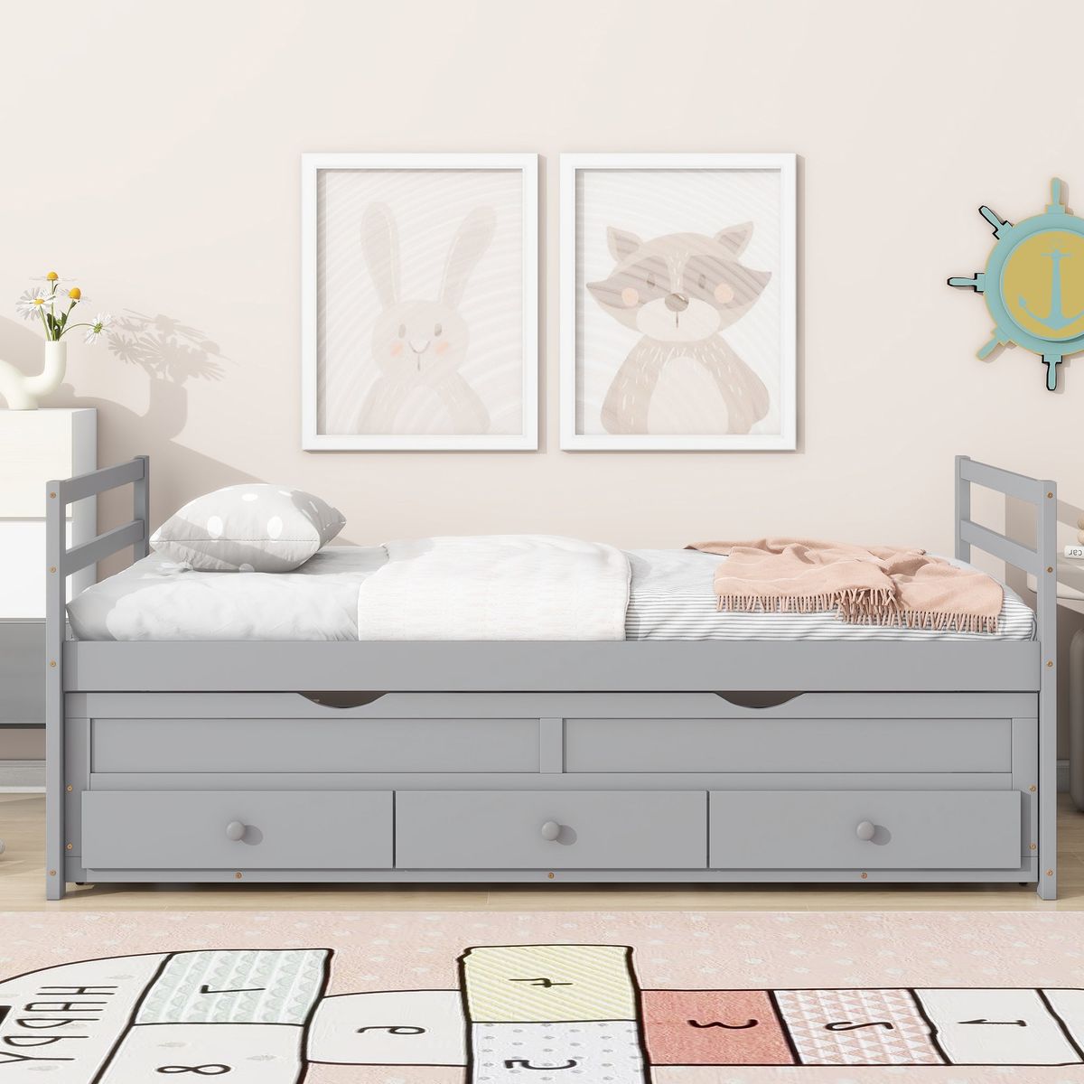 Twin Size Bed with Headboard, Footboard, Trundle and Three Storage Drawers, Twin Size Pine Wood Bed with Headboard, Footboard,Grey