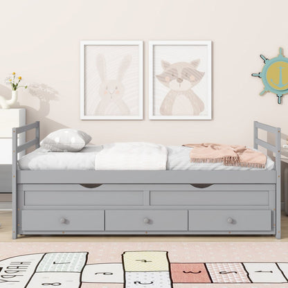 Twin Size Bed with Headboard, Footboard, Trundle and Three Storage Drawers, Twin Size Pine Wood Bed with Headboard, Footboard,Grey