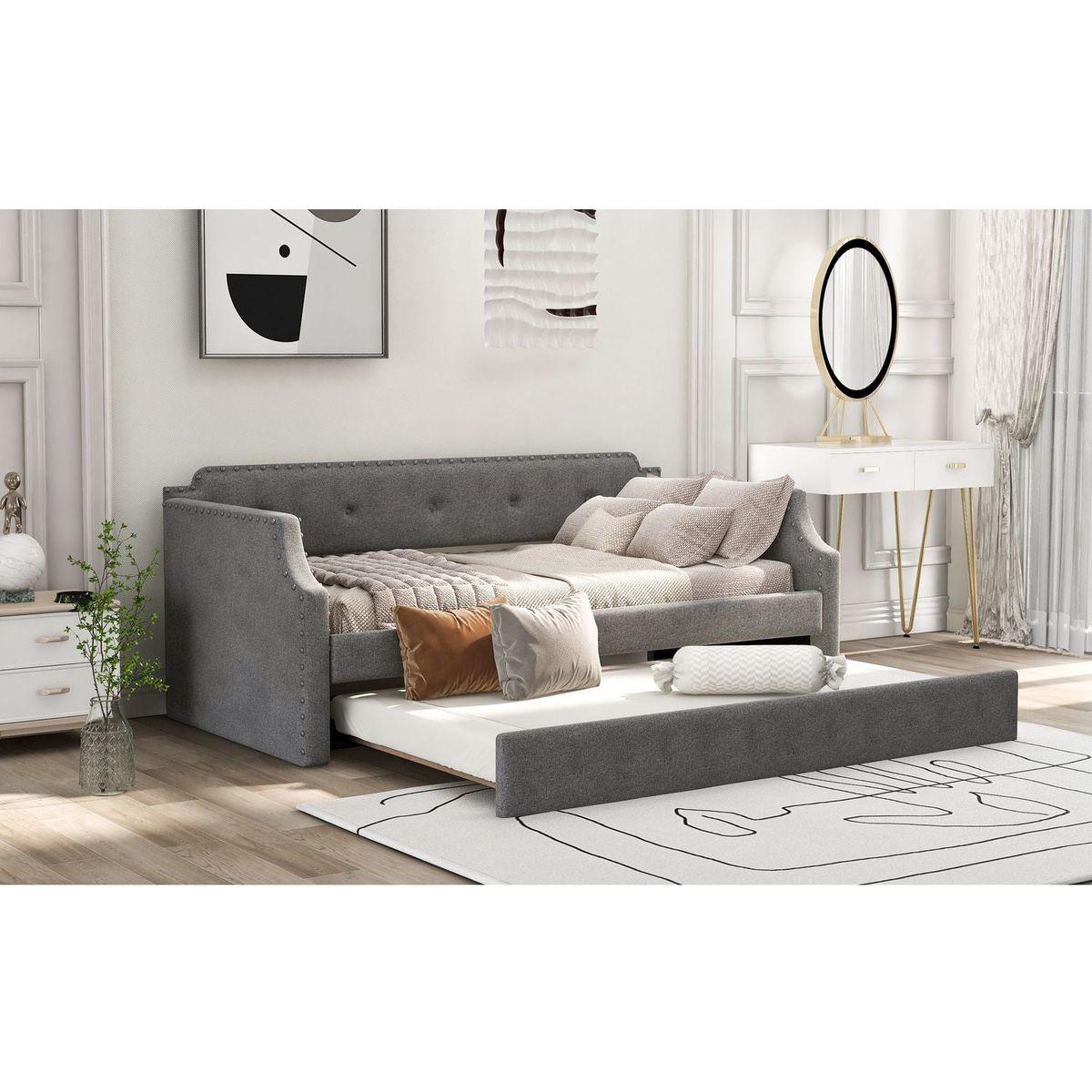 Upholstered Daybed with Trundle, Wood Slat Support,Upholstered Frame Sofa Bed, Twin,Gray