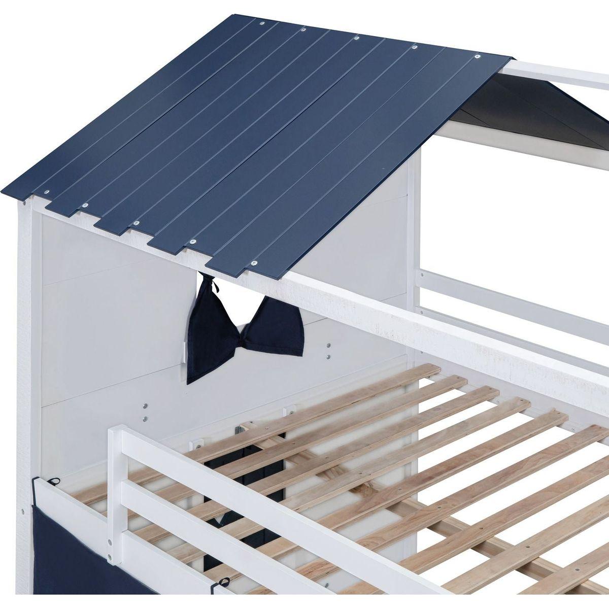 Full Size Bunk Wood House Bed with Elegant Windows, Sills and Tent, Blue+White
