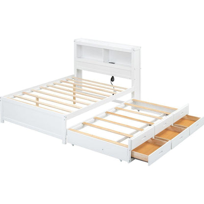 Full Size platform bed with trundle, drawers and USB plugs, White
