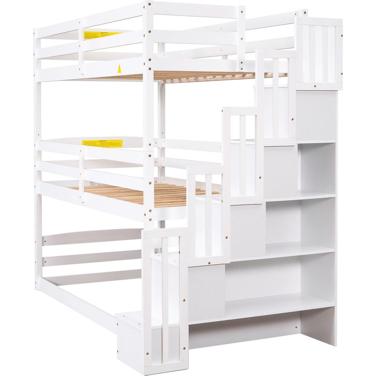 Twin Size Triple Bunk Bed with Storage Staircase,Separate Design,White