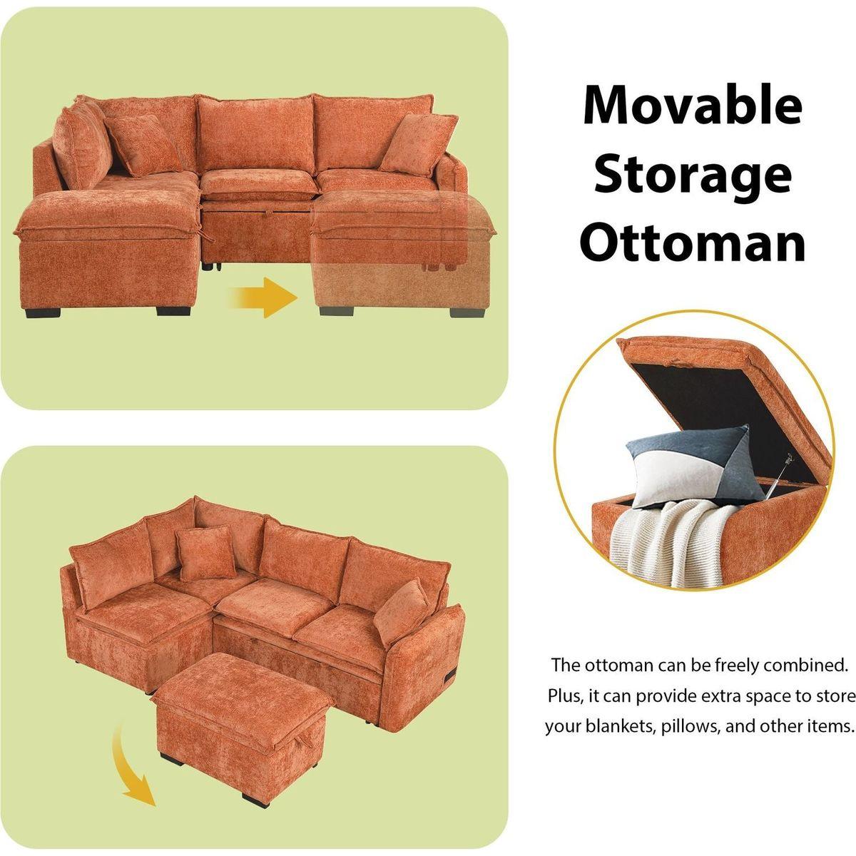 82.67"Convertible Sofa Bed Sectional Sofa Sleeper L-shaped Sofa with a Storage Ottoman,Two Pillows, Two Power Sockets and Two USB Ports for Living Room, Orange