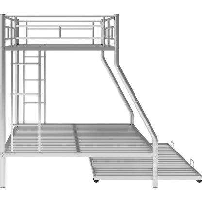 Twin over Full Bed with Sturdy Steel Frame, Bunk Bed with Twin Size Trundle, Two-Side Ladders, Silver