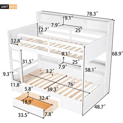 Twin Size Bunk Bed with Built-in Shelves Beside both Upper and Down Bed and Storage Drawer,White