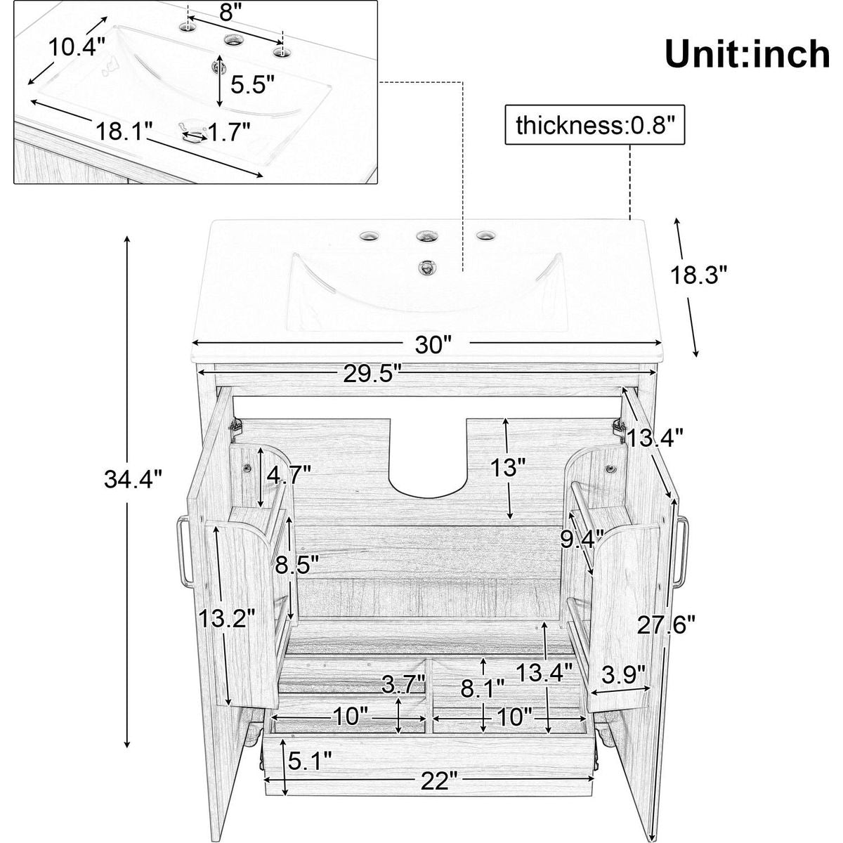 30" Bathroom Vanity with Sink Combo, Multi-functional Bathroom Cabinet with Doors and Drawer, MDF Board, Natural