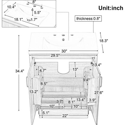 30" Bathroom Vanity with Sink Combo, Multi-functional Bathroom Cabinet with Doors and Drawer, MDF Board, Natural