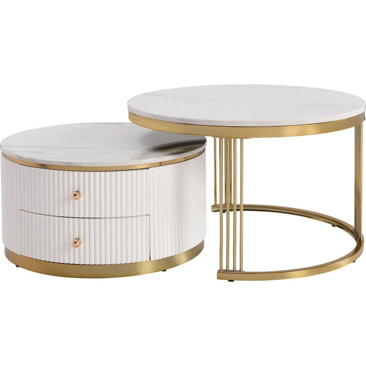 Modern 2 Pieces White Round Nesting Coffee Table with Drawers in 27.6"