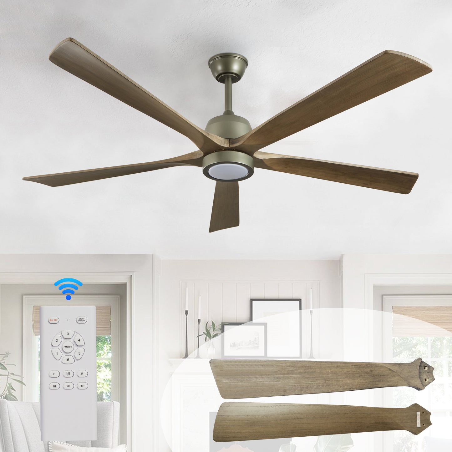 60" Modern Wood Ceiling Fan with Light and Remote Control,6-Speed Noiseless Reversible DC Motor, Ceiling Fan for Kitchen Dining Living Room