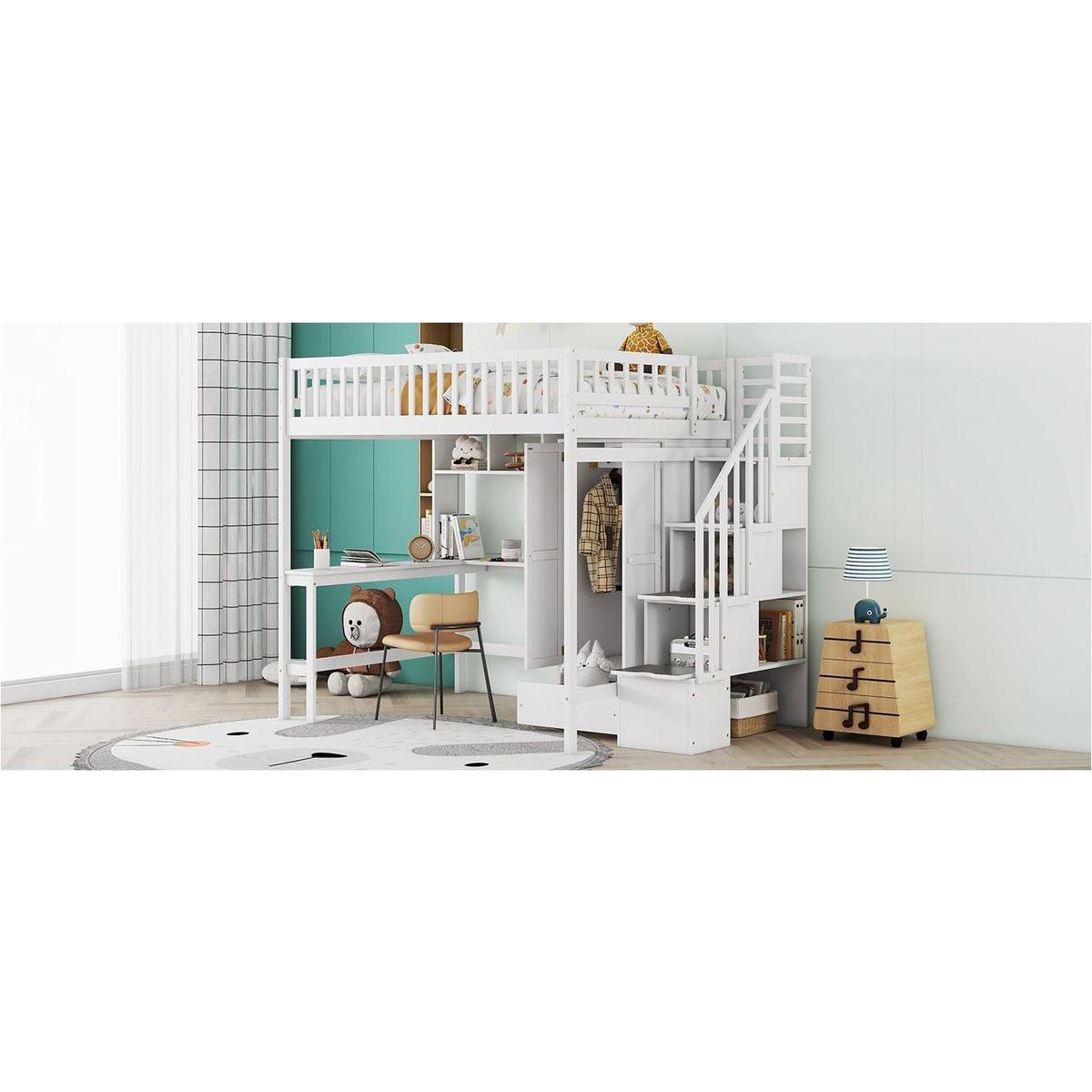 Full size Loft Bed with Bookshelf,Drawers,Desk,and Wardrobe-White