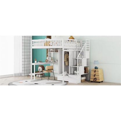 Full size Loft Bed with Bookshelf,Drawers,Desk,and Wardrobe-White