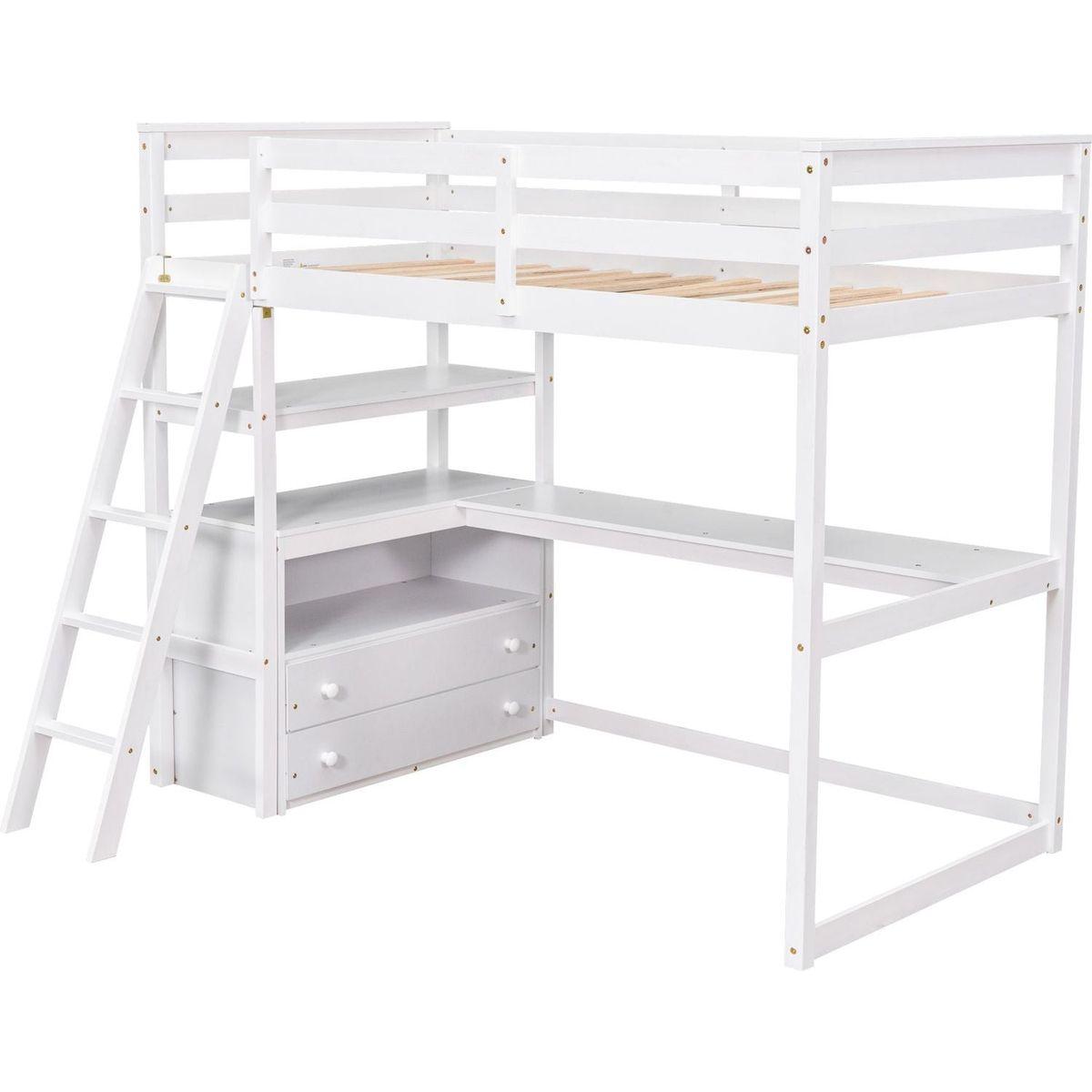 Twin Size Loft Bed with Desk and Shelves, Two Built-in Drawers, White