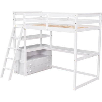 Twin Size Loft Bed with Desk and Shelves, Two Built-in Drawers, White