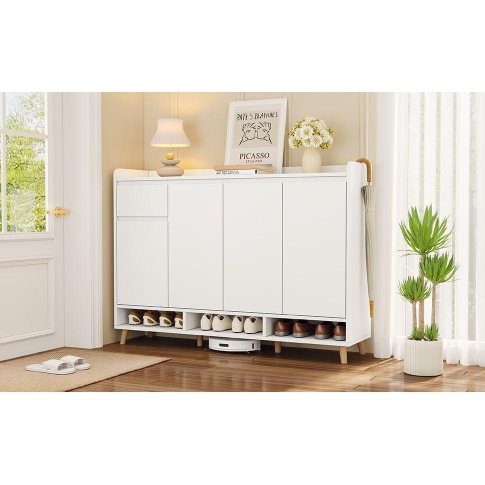 Sleek and Contemporary Shoe Cabinet with Adjustable Shelves, Minimalist Home Organizer with Solid Wood Legs, Storage Sideboard for Entryway, Living Room, White