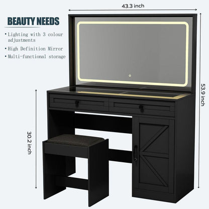 43.3"Makeup Vanity Table, Makeup Table with Large Mirror and LED Light Strip, Brightness Adjustable, Dressing Table Desk with 3 Drawers, Vanity Desk for Women(Black with Stool)