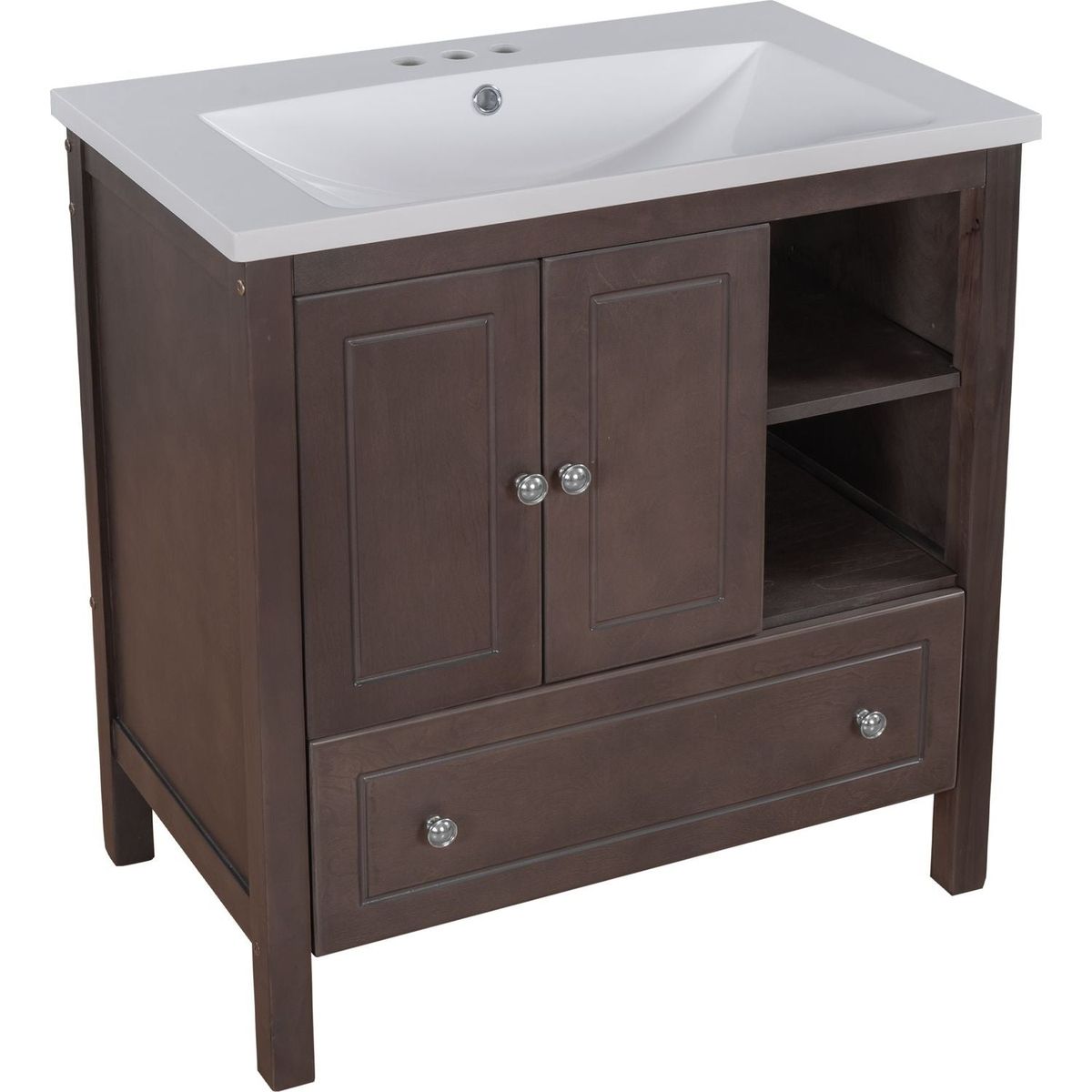 30" Bathroom Vanity with Sink, Bathroom Storage Cabinet with Doors and Drawers, Solid Wood Frame, Ceramic Sink, Brown