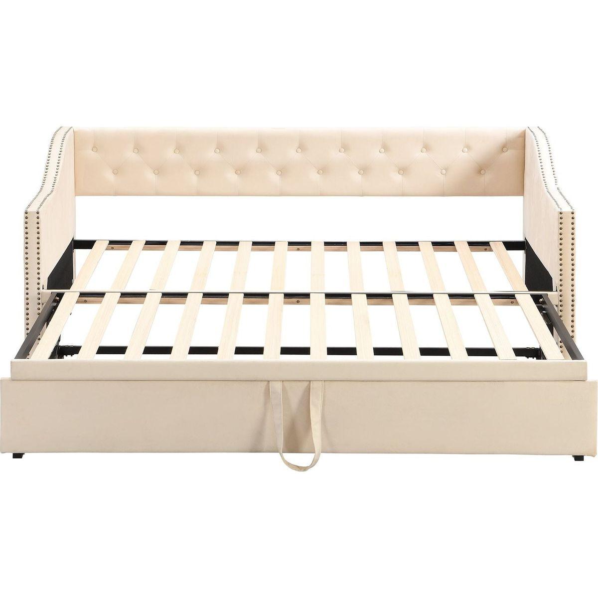 Twin Size Upholstered daybed with Pop Up Trundle, Beige