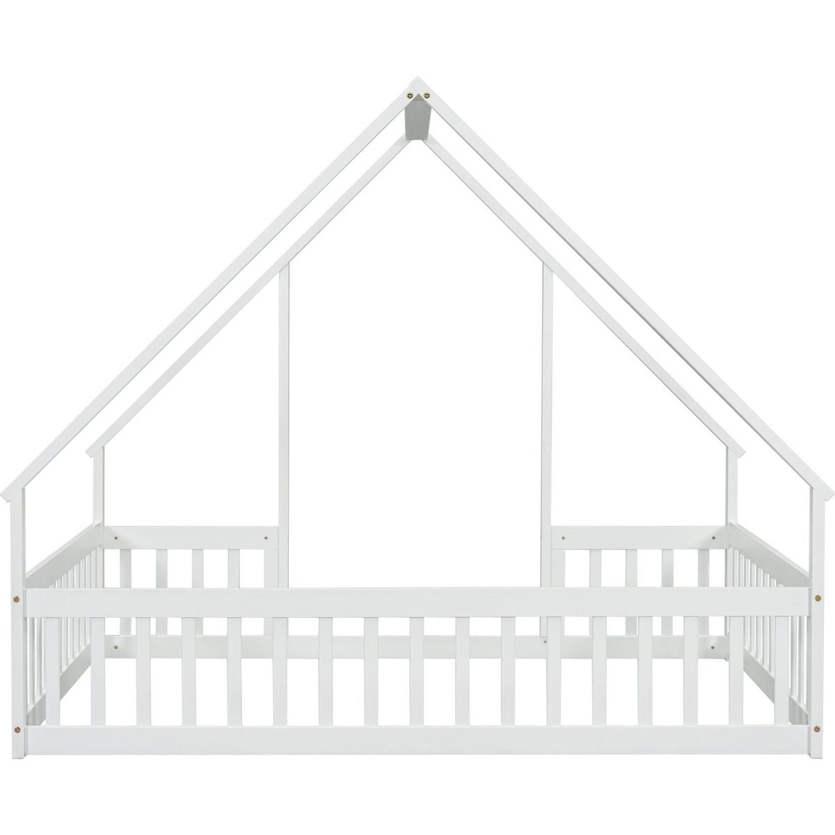 Full Wood House-Shaped Floor Bed with Fence, Guardrails,White