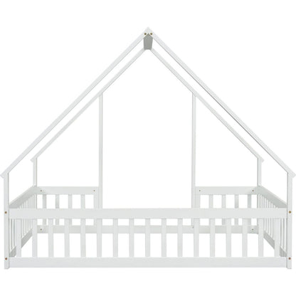 Full Wood House-Shaped Floor Bed with Fence, Guardrails,White