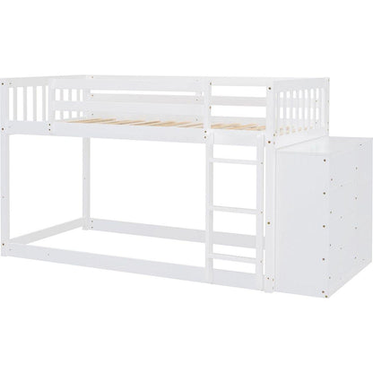 Twin over Twin Bunk Bed with 4 Drawers and 3 Shelves-White