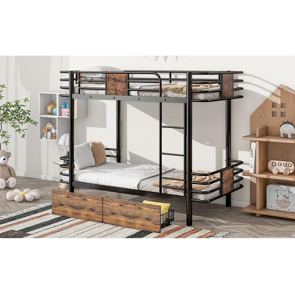 Twin XL over Twin XL Metal Bunk Bed with MDF Board Guardrail and Two Storage Drawers,Black