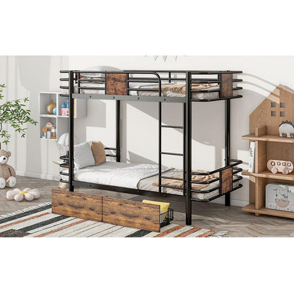 Twin XL over Twin XL Metal Bunk Bed with MDF Board Guardrail and Two Storage Drawers,Black