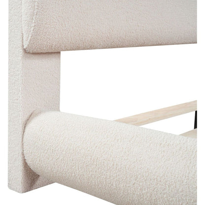 Teddy Fleece Queen Size Upholstered Platform Bed with Thick Fabric, Solid Frame and Stylish Curve-shaped Design, Beige