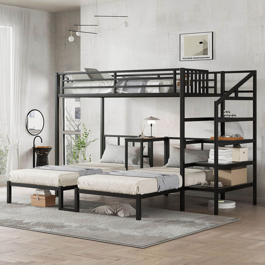Twin over Twin & Twin Bunk Beds for 3, Twin XL over Twin & Twin Bunk Bed Metal Triple Bunk Bed with Desk & Shelves, Space Saving/Noise Reduction, Black