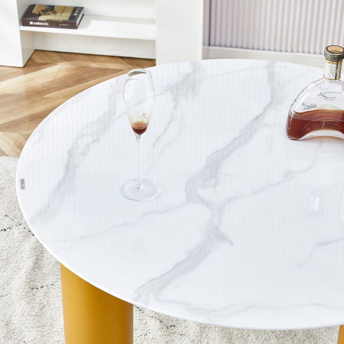 Round white dining table, artificial marble glass stickers, golden MDF legs, kitchen dining table, living room dining table 40 "x 40" x 29.4 "F-X03