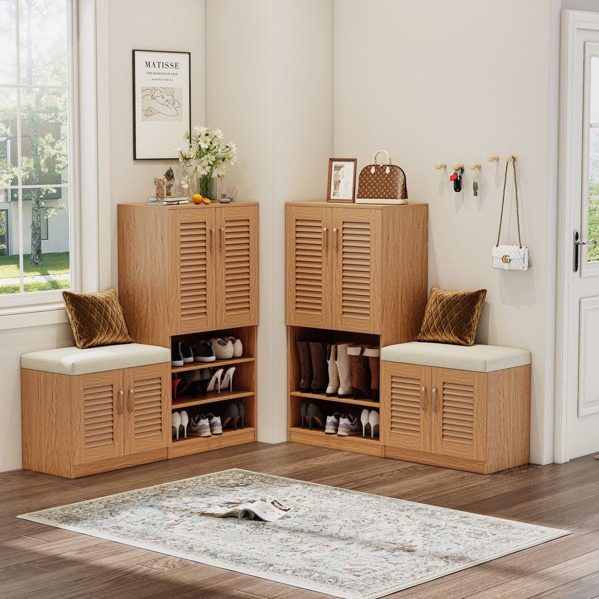 Multi functional Shoe Storage Cabinet with Bench & 7+3 Storage compartment, Adjustable layer board
, Shoe Bench with Cushion for Entryway,  Freestanding Shoe Rack for  Mudroom, Hallway,oak
